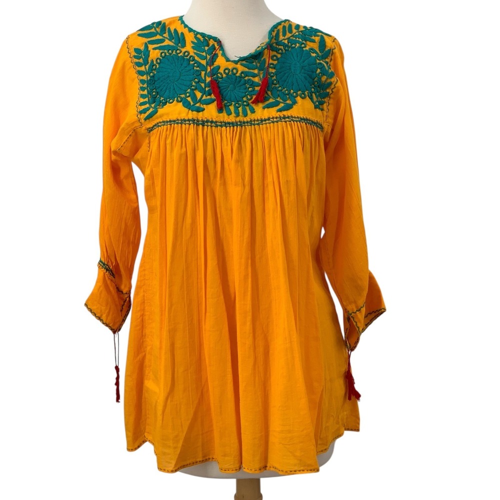 Handmade Womens Mexican‎ Peasant Blouse Long Sleeve Embroidered Tunic Top Size S
